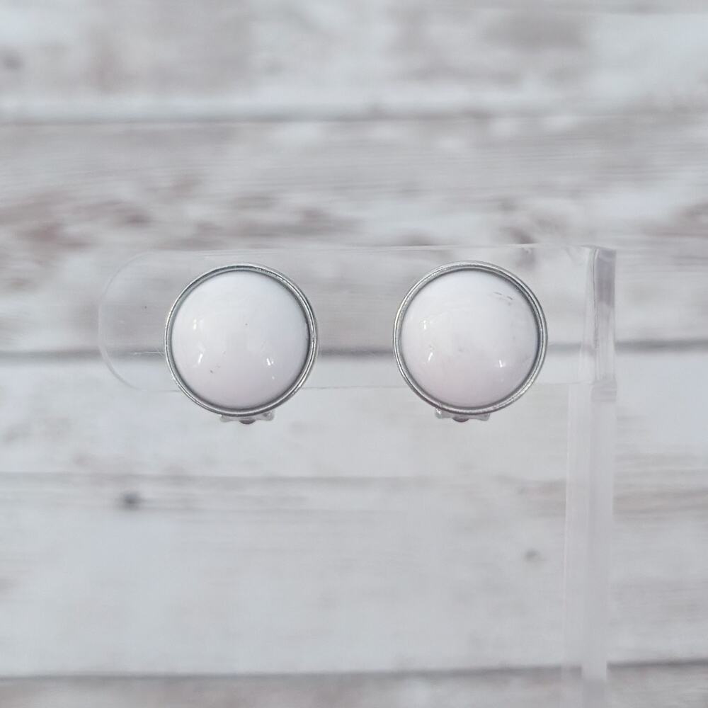 Vintage Clip On Earrings Domed White with Silver Tone Thin Halo 5/8" Retro